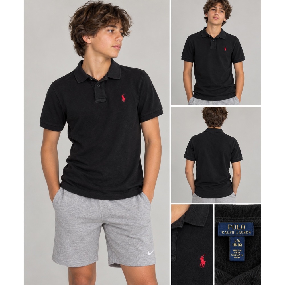 Polo Ralph Lauren Kids Black Short Sleeve Polo Shirt Red Pony Size L 14-16